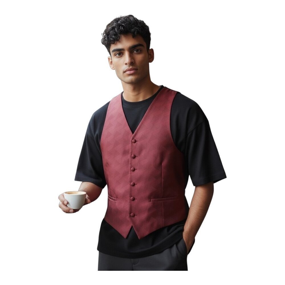 Perry Ellis Mens Formal Tuxedo Vest~Fit All 37-50~Maroon Black Geometric ~ L14 5